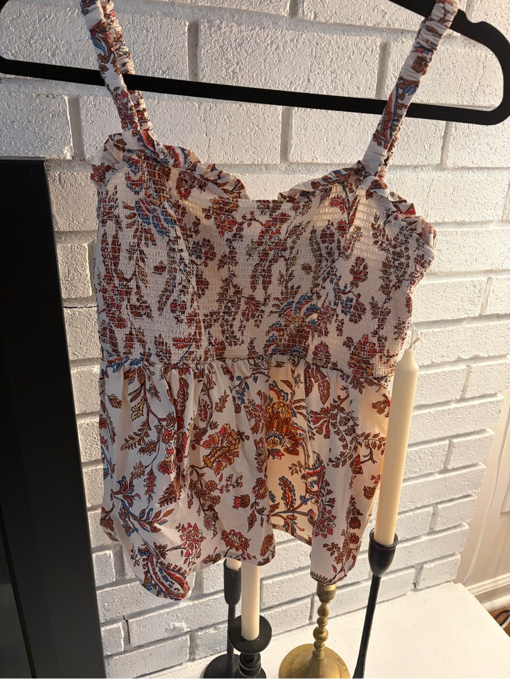 Old Navy Cream Floral Smocked Cami with Rust and Blue Accents